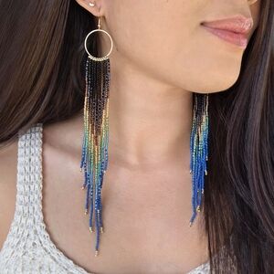 Geo Long XL Boho Beaded Earrings Handmade Western Jewelry Tribal Boheme